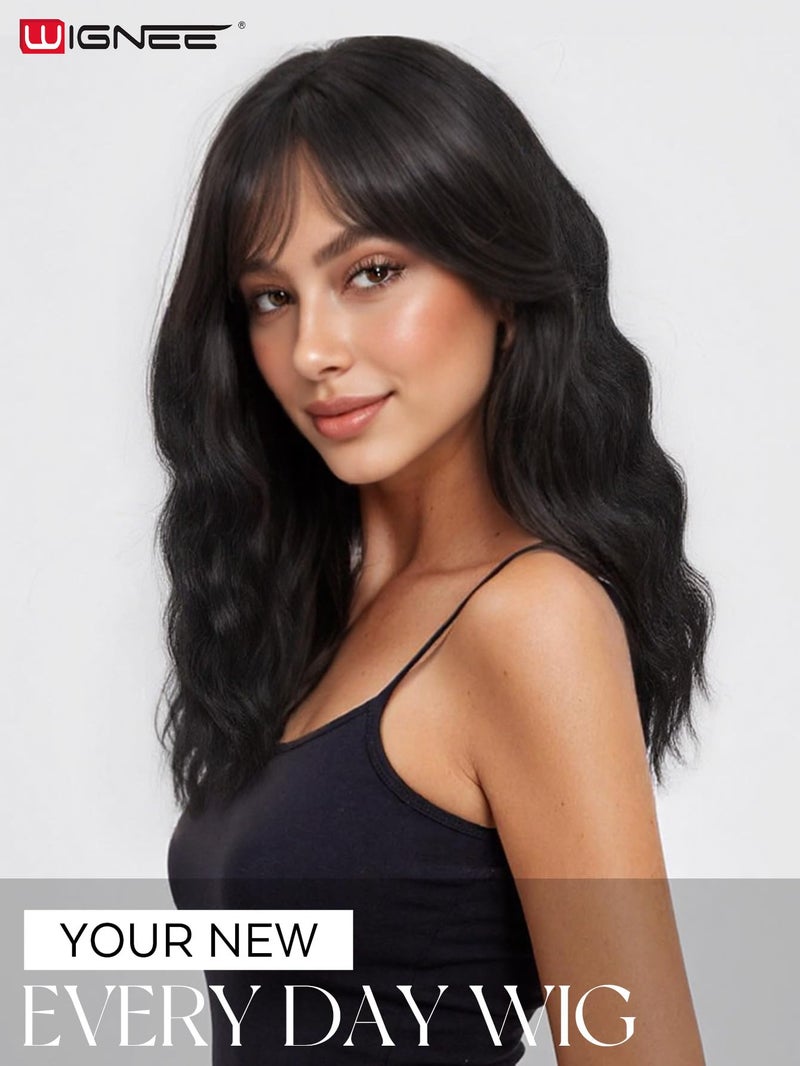 WIGNEE 100% Virgin Human Hair Natural Wave Wigs with Bangs Brazilian Human Hair Wave Wigs Natural Black Color (16 Inch) - Image 4